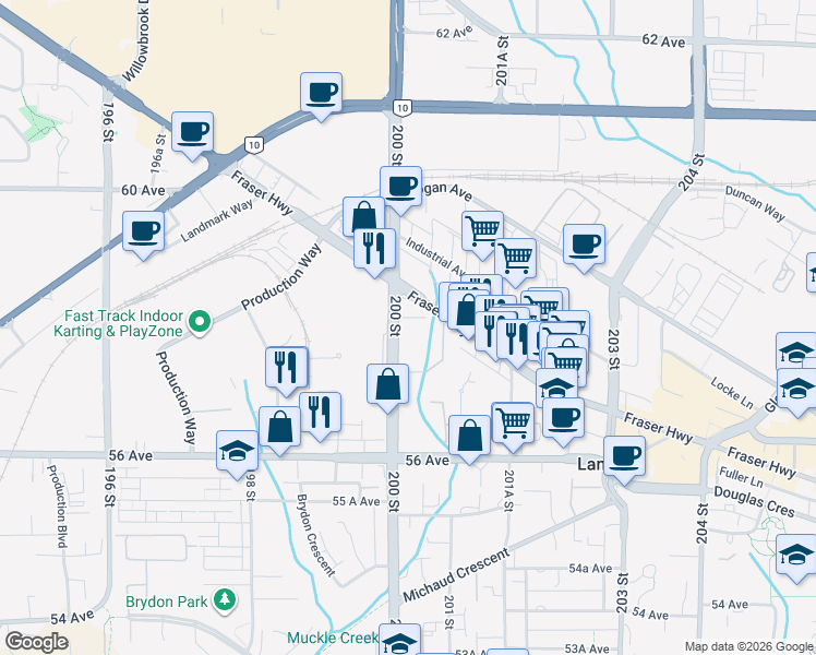 map of restaurants, bars, coffee shops, grocery stores, and more near 5776 200 Street in Langley City