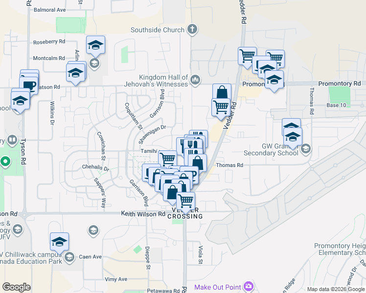 map of restaurants, bars, coffee shops, grocery stores, and more near 45595 Tamihi Way in Chilliwack