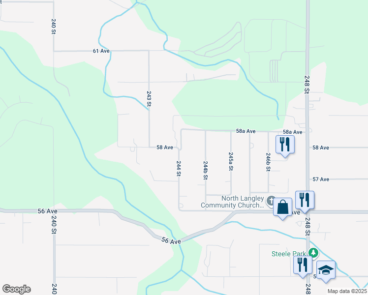 map of restaurants, bars, coffee shops, grocery stores, and more near 5796 244 Street in Langley Township