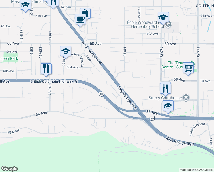 map of restaurants, bars, coffee shops, grocery stores, and more near 13918 58 Avenue in Surrey