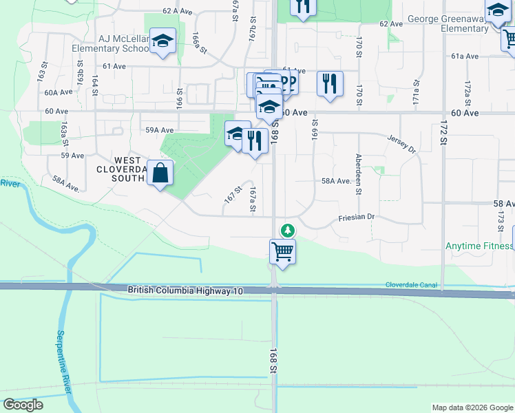 map of restaurants, bars, coffee shops, grocery stores, and more near 5770 167A Street in Surrey