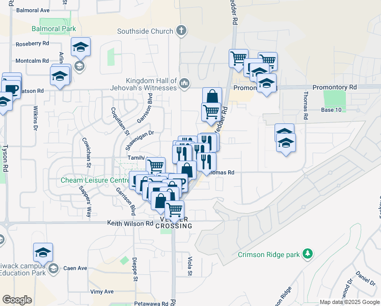map of restaurants, bars, coffee shops, grocery stores, and more near 45640 Watson Road in Chilliwack