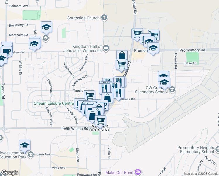 map of restaurants, bars, coffee shops, grocery stores, and more near 5725 Vedder Road in Chilliwack