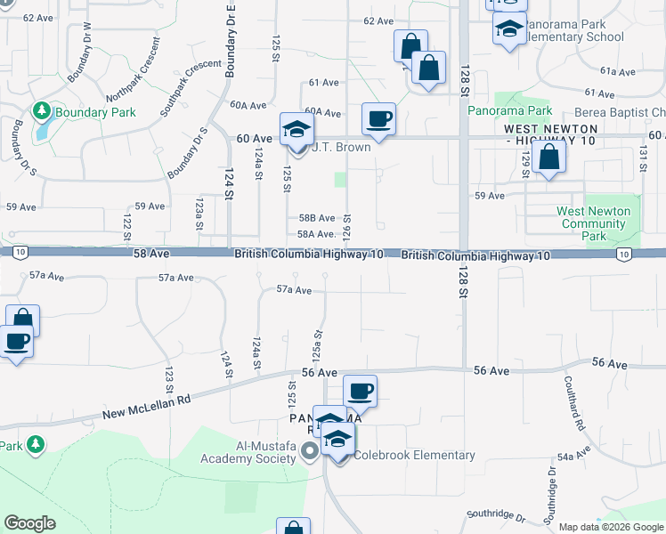 map of restaurants, bars, coffee shops, grocery stores, and more near 5778 125A Street in Surrey