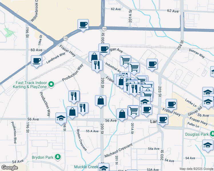 map of restaurants, bars, coffee shops, grocery stores, and more near 5776 200 Street in Langley