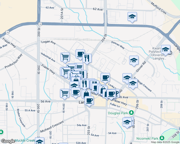 map of restaurants, bars, coffee shops, grocery stores, and more near 5750 203 Street in Langley