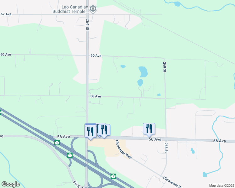 map of restaurants, bars, coffee shops, grocery stores, and more near 26559 58 Avenue in Langley Township