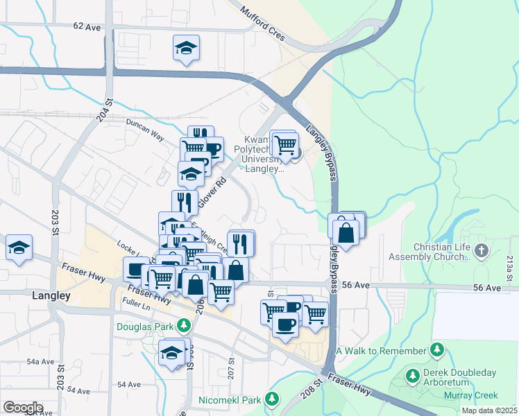 map of restaurants, bars, coffee shops, grocery stores, and more near 20761 Duncan Way in Langley