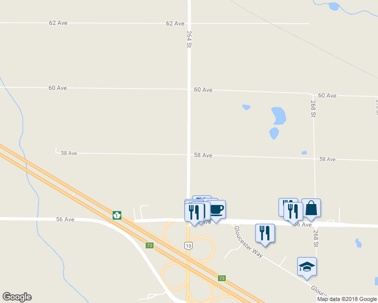 map of restaurants, bars, coffee shops, grocery stores, and more near 5871 264 Street in Langley