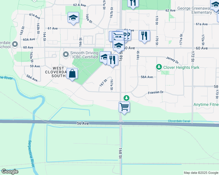 map of restaurants, bars, coffee shops, grocery stores, and more near 5771 167A Street in Surrey