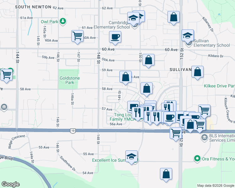 map of restaurants, bars, coffee shops, grocery stores, and more near 14891 57B Avenue in Surrey