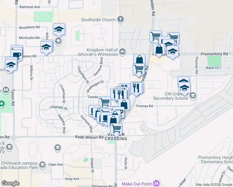 map of restaurants, bars, coffee shops, grocery stores, and more near 45595 Tamihi Way in Chilliwack