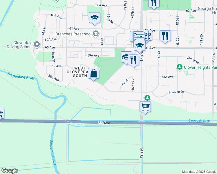 map of restaurants, bars, coffee shops, grocery stores, and more near 16625 Bell Road in Surrey