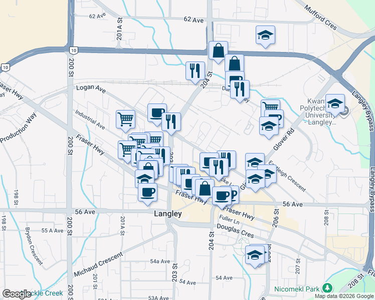 map of restaurants, bars, coffee shops, grocery stores, and more near 8561 203A Street in Langley