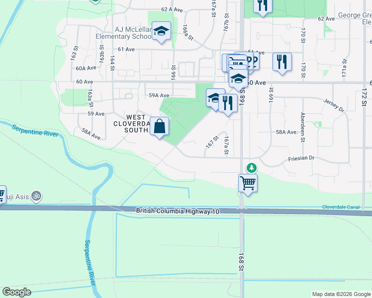 map of restaurants, bars, coffee shops, grocery stores, and more near in Surrey