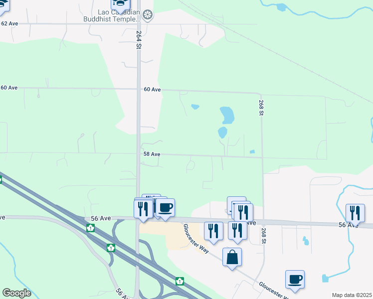 map of restaurants, bars, coffee shops, grocery stores, and more near 26559 58 Avenue in Langley