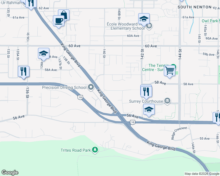 map of restaurants, bars, coffee shops, grocery stores, and more near 14031 57A Avenue in Surrey