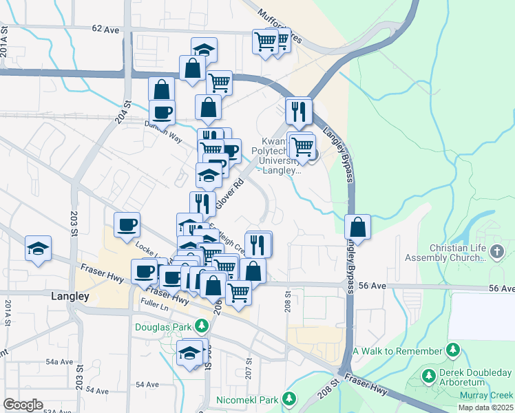 map of restaurants, bars, coffee shops, grocery stores, and more near 20750 Duncan Way in Langley