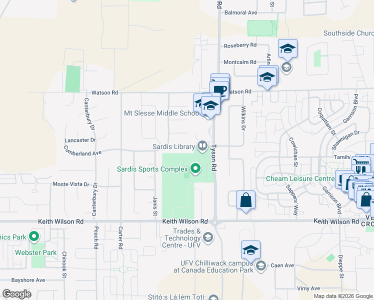 map of restaurants, bars, coffee shops, grocery stores, and more near 44996 Cumberland Avenue in Chilliwack