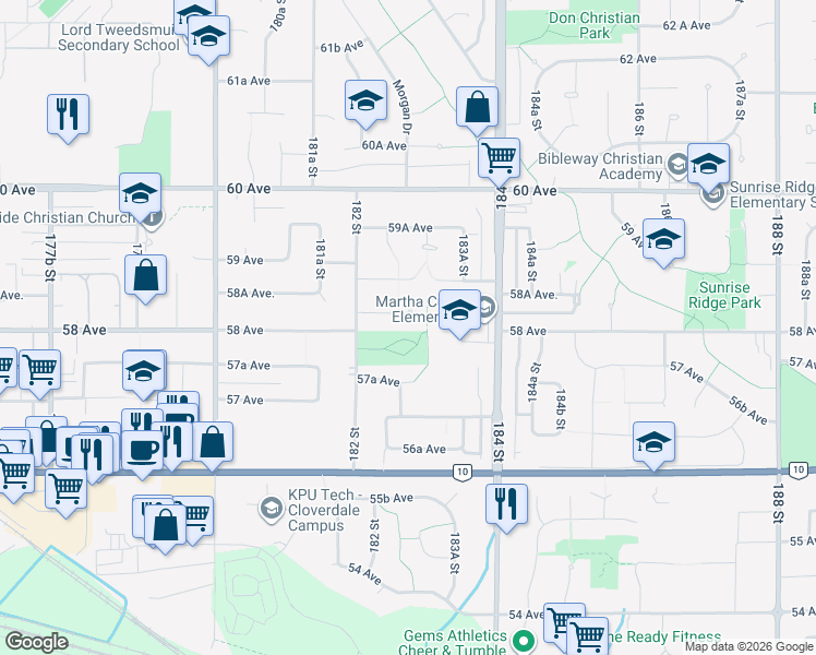 map of restaurants, bars, coffee shops, grocery stores, and more near 18274 58A Avenue in Surrey