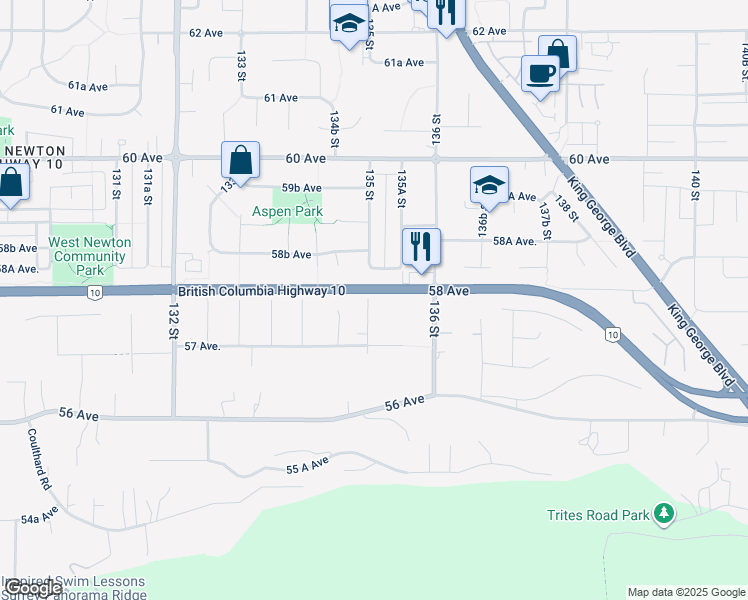 map of restaurants, bars, coffee shops, grocery stores, and more near 5788 135 Street in Surrey