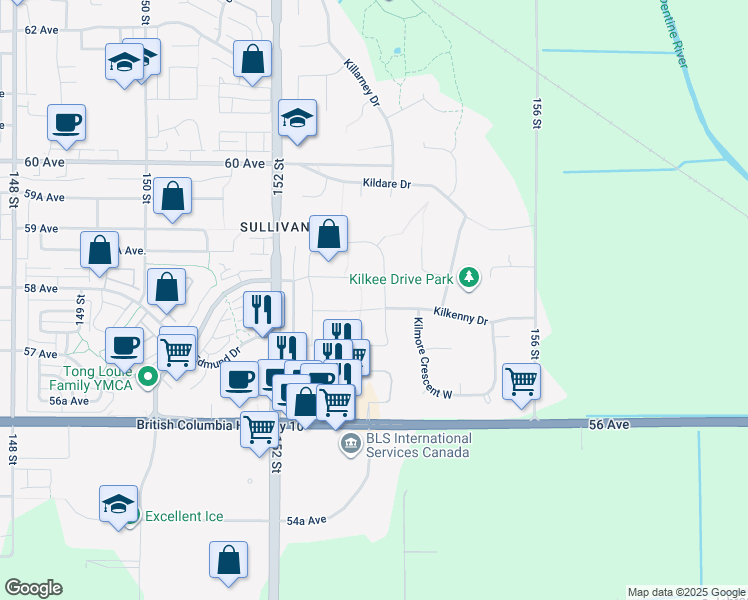 map of restaurants, bars, coffee shops, grocery stores, and more near 5793 Kettle Crescent East in Surrey