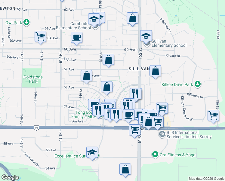 map of restaurants, bars, coffee shops, grocery stores, and more near Unnamed Road in Surrey