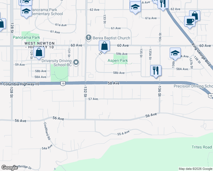 map of restaurants, bars, coffee shops, grocery stores, and more near 5784 133 Street in Surrey