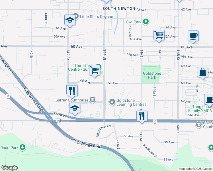 map of restaurants, bars, coffee shops, grocery stores, and more near 5780 144 Street in Surrey