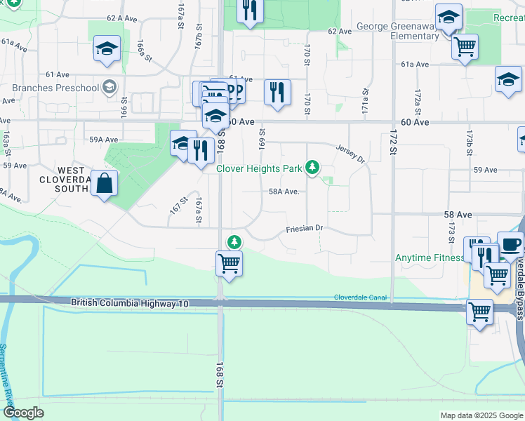 map of restaurants, bars, coffee shops, grocery stores, and more near 12627 58 Avenue in Surrey