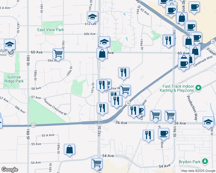 map of restaurants, bars, coffee shops, grocery stores, and more near in Surrey