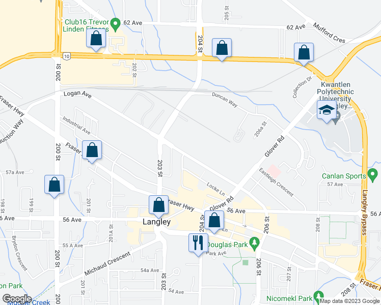 map of restaurants, bars, coffee shops, grocery stores, and more near in Langley City