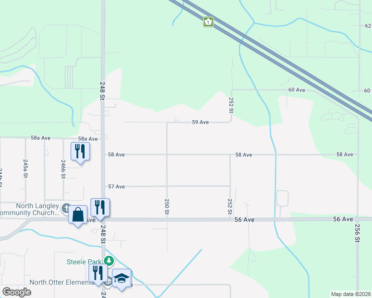 map of restaurants, bars, coffee shops, grocery stores, and more near 25043 58 Avenue in Langley Township