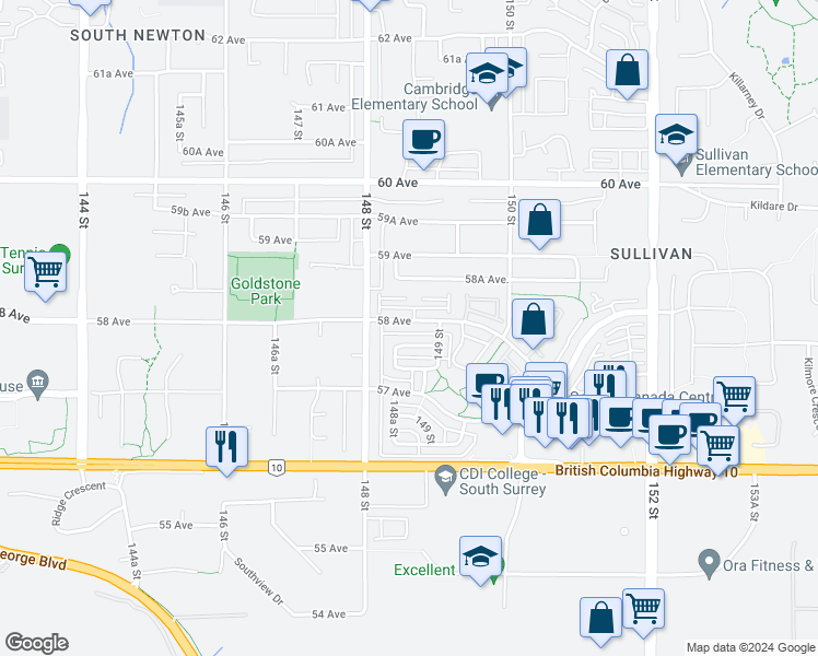 map of restaurants, bars, coffee shops, grocery stores, and more near 14858 58 Avenue in Surrey