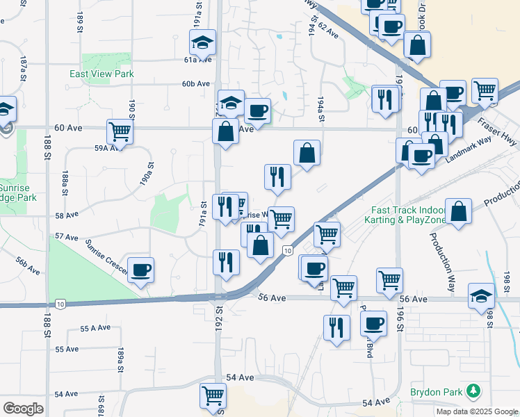 map of restaurants, bars, coffee shops, grocery stores, and more near 19331 Enterprise Way in Surrey