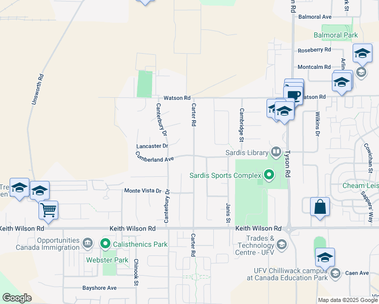map of restaurants, bars, coffee shops, grocery stores, and more near 5855 Carter Road in Chilliwack