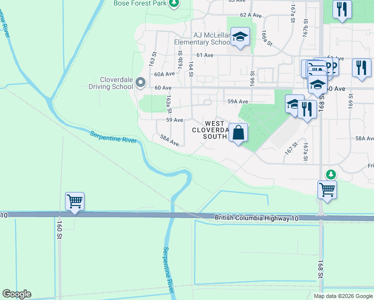 map of restaurants, bars, coffee shops, grocery stores, and more near 5848 163B Street in Surrey