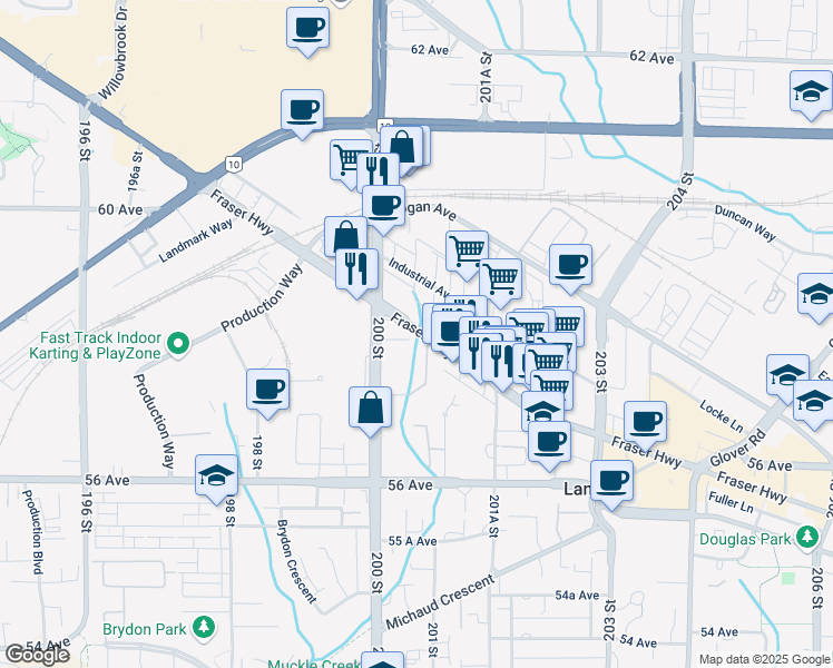 map of restaurants, bars, coffee shops, grocery stores, and more near 20055 Fraser Highway in Langley