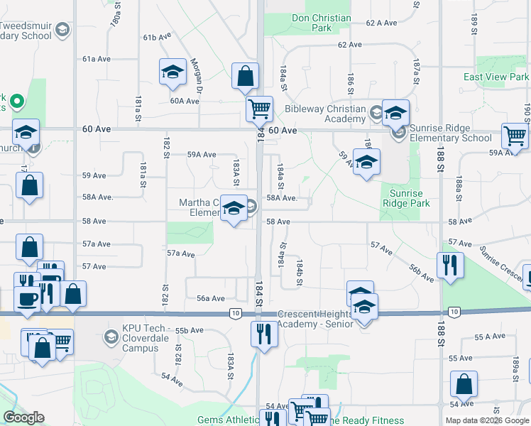 map of restaurants, bars, coffee shops, grocery stores, and more near 5820 184 Street in Surrey