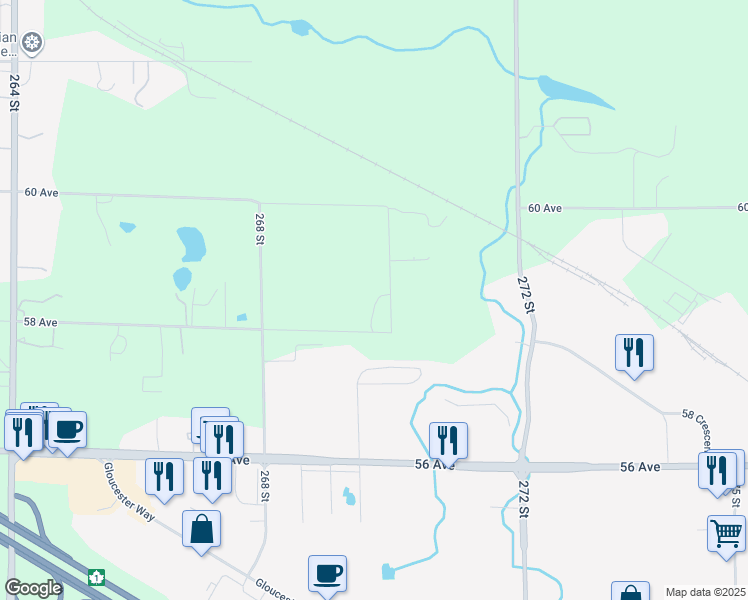 map of restaurants, bars, coffee shops, grocery stores, and more near 26979 58 Avenue in Langley Township