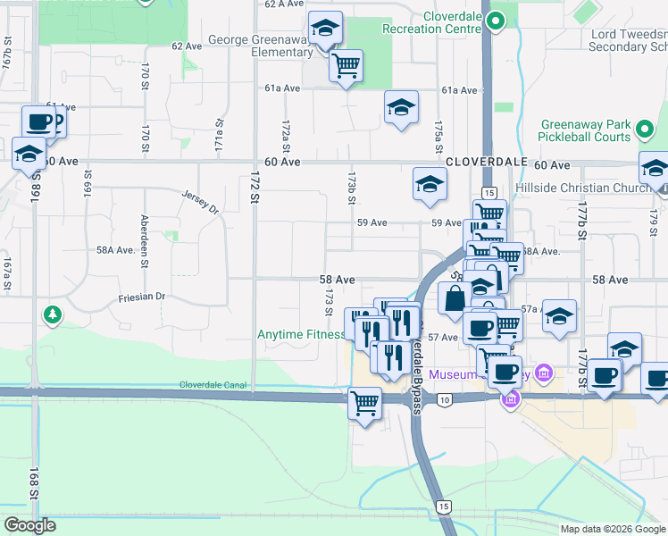 map of restaurants, bars, coffee shops, grocery stores, and more near 17339 58 Avenue in Surrey