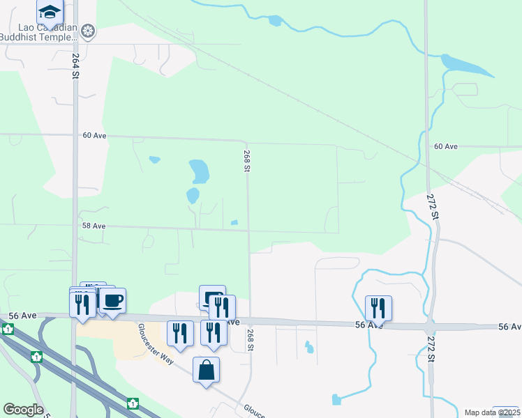 map of restaurants, bars, coffee shops, grocery stores, and more near 5880 268 Street in Langley