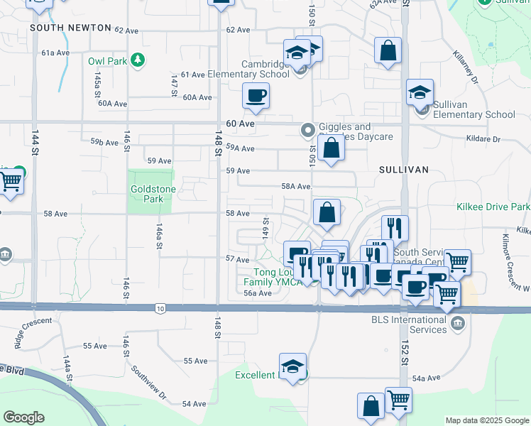 map of restaurants, bars, coffee shops, grocery stores, and more near 19 58 Avenue in Surrey