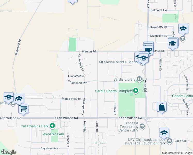map of restaurants, bars, coffee shops, grocery stores, and more near 5890 Carter Road in Chilliwack