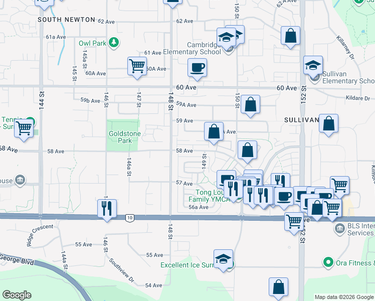 map of restaurants, bars, coffee shops, grocery stores, and more near 48 58 Avenue in Surrey