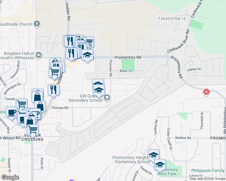 map of restaurants, bars, coffee shops, grocery stores, and more near 46110 Thomas Road in Chilliwack