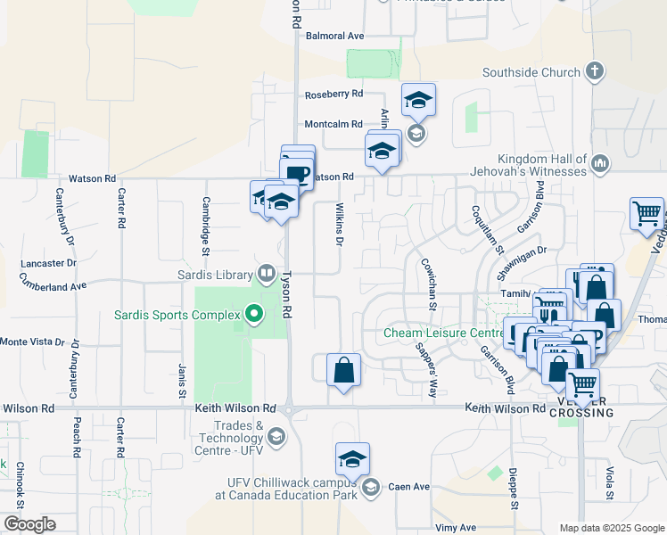 map of restaurants, bars, coffee shops, grocery stores, and more near 45169 Cumberland Avenue in Chilliwack