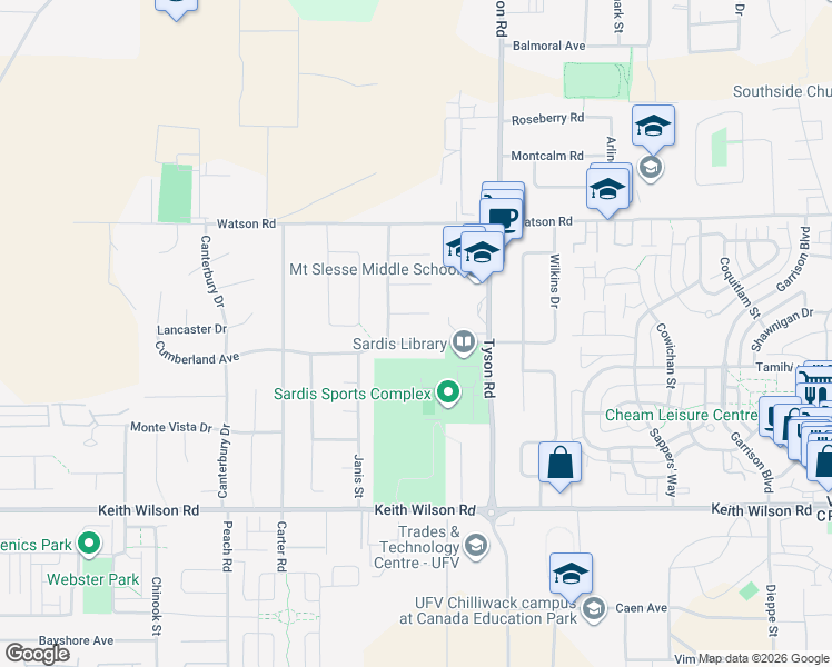 map of restaurants, bars, coffee shops, grocery stores, and more near 44983 Cumberland Avenue in Chilliwack