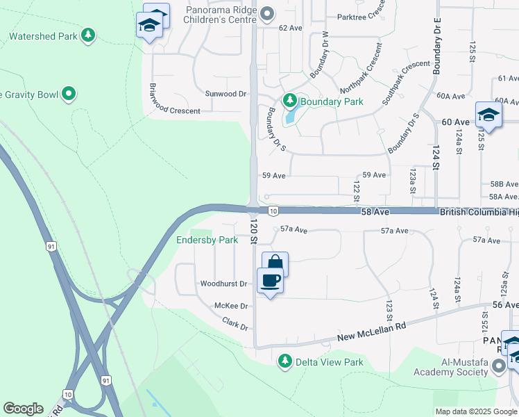 map of restaurants, bars, coffee shops, grocery stores, and more near 139 58 Avenue in Surrey
