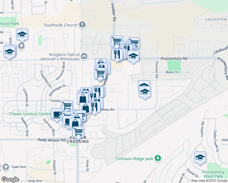 map of restaurants, bars, coffee shops, grocery stores, and more near 5820 Vedder Road in Chilliwack